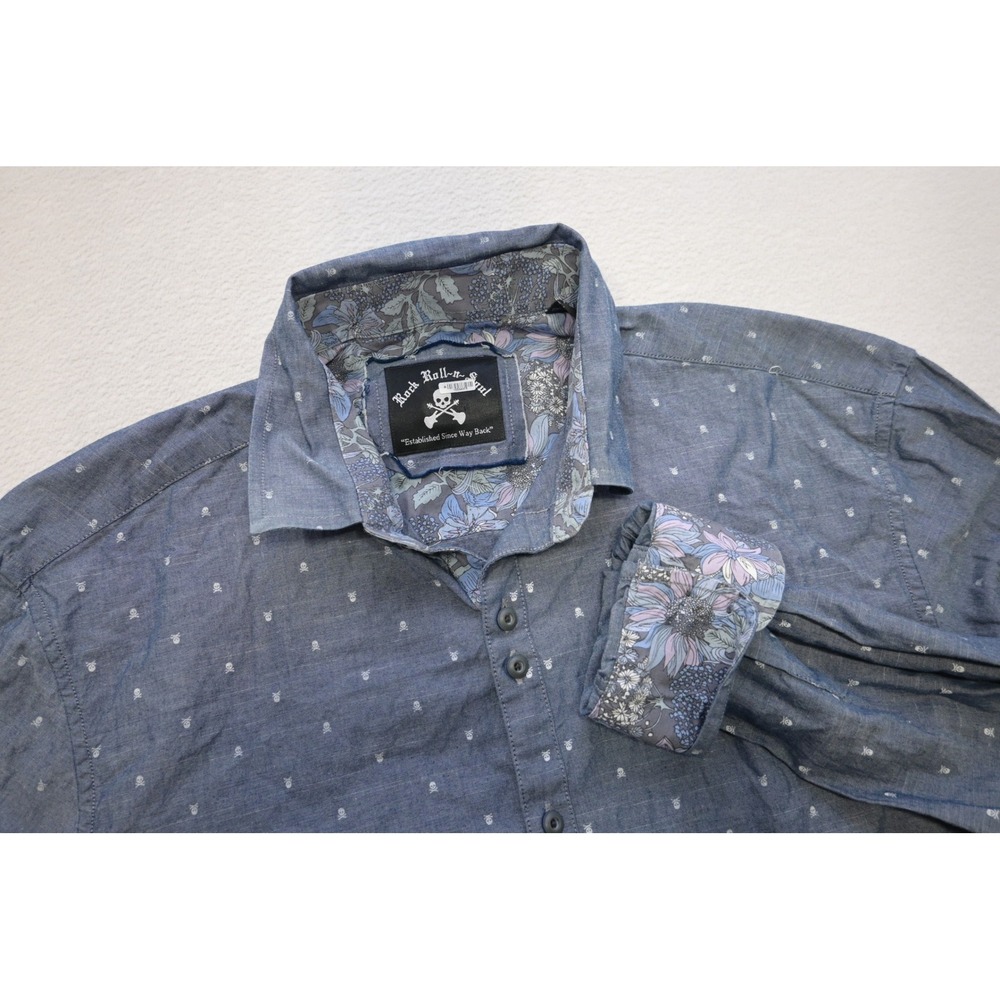 Rock Roll n Soul Button Down Shirt‎ Mens Large Blue Skull Print Floral Trim EX